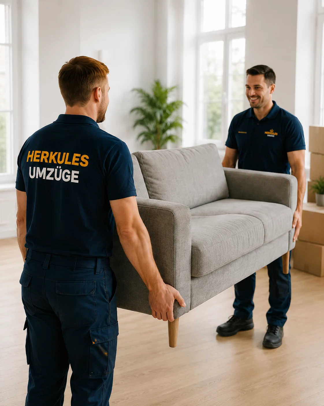 Herkules Umzugshelfer tragen ein Sofa in einer Wohnung